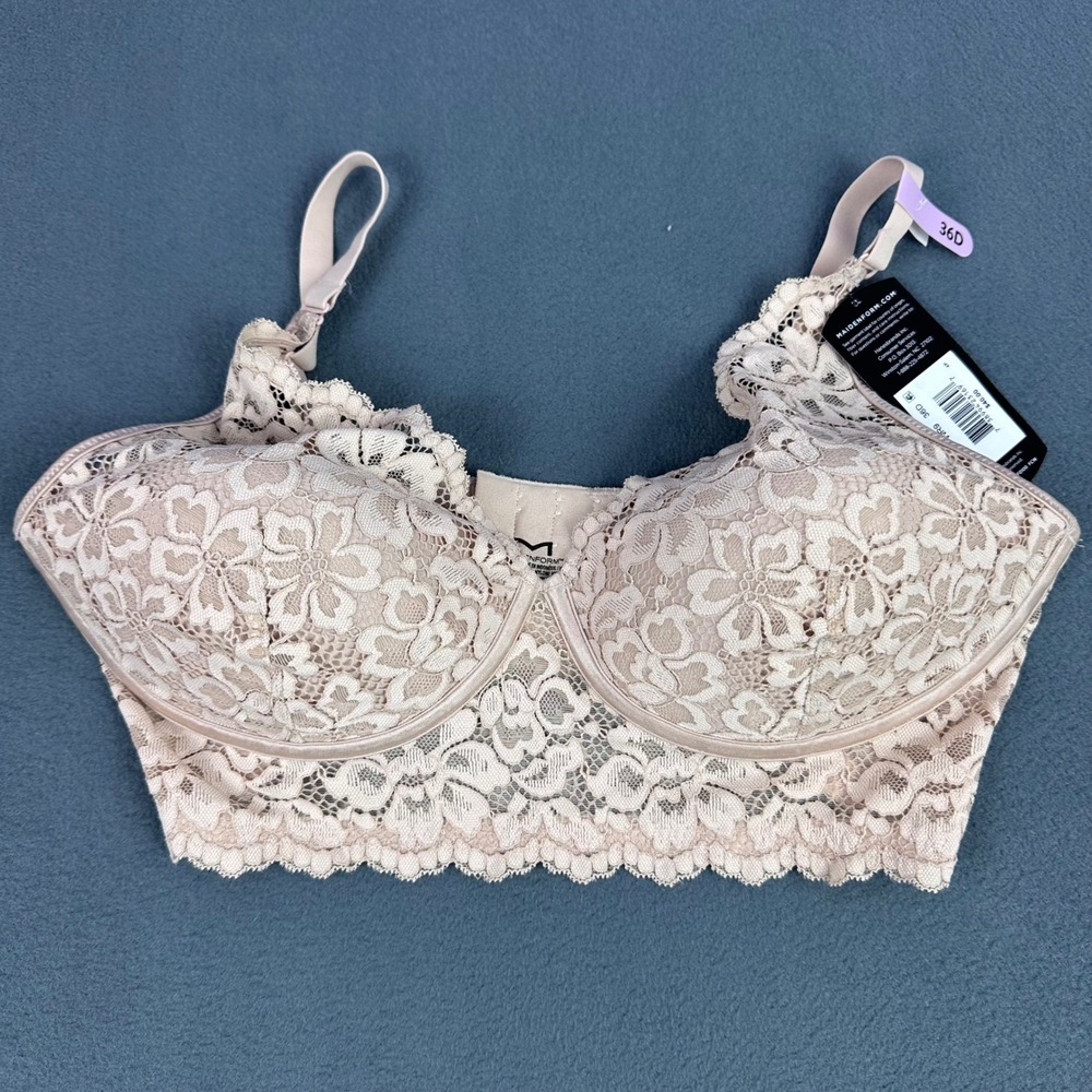 Maidenform DM1188 Wireless Longline Lace Bralette Beige 36D Halter Convertible